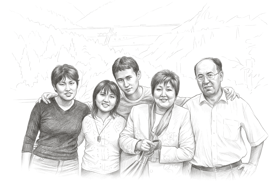 Рисунок по фотографии: С семьёй, 2003.
